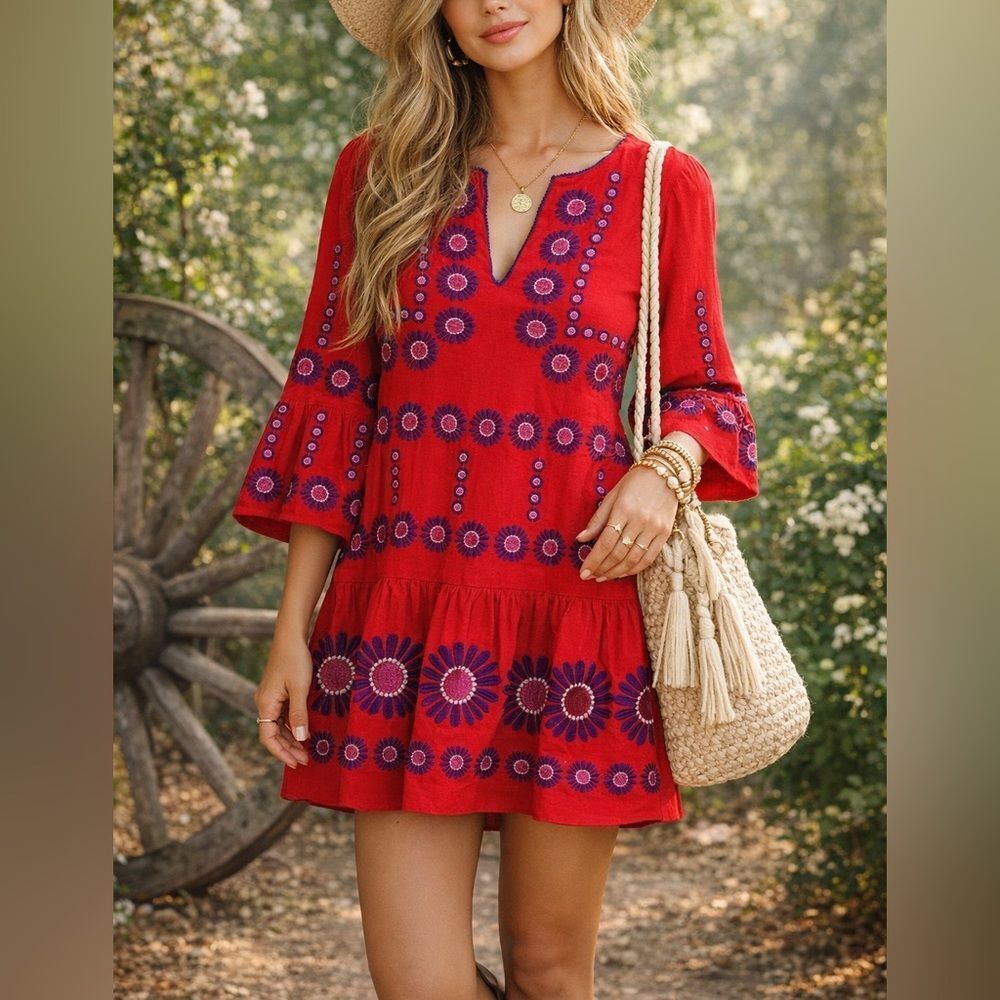 Tyler Boe Red Embroidered Cotton Dress XS Boho Floral Peasant Tiered